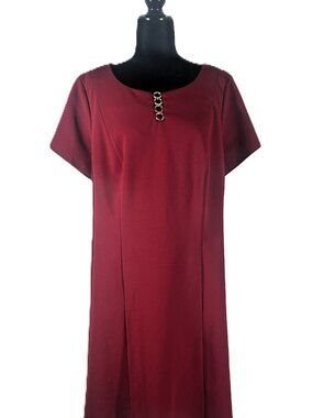 ALYX 20W Burgundy A-Line Dress Gold Ring Neckline Short Sleeve Career Midi